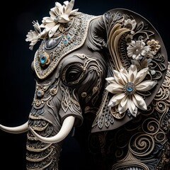 Paper quilling art of an elephant with some flowers
