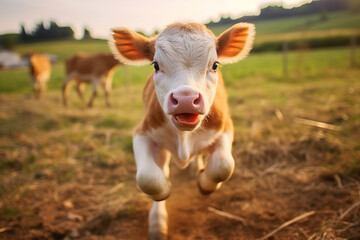 young white and brown calf jumping and looking at the camera