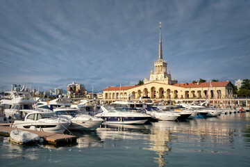 Russia, Sochi -April 13, 2023, seaport, Ships and yachts at the pier