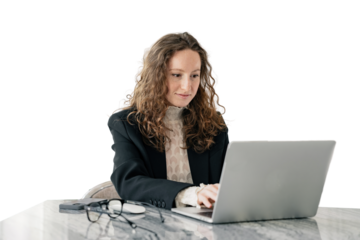 Typing text working using a laptop computer pc in the office A woman in a jacket and shirt student manager in the office happy, transparent background, png.