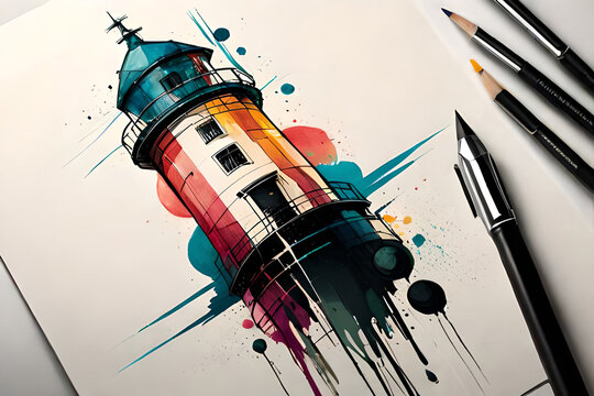 Ligthouse drawing. Ai generated illustration