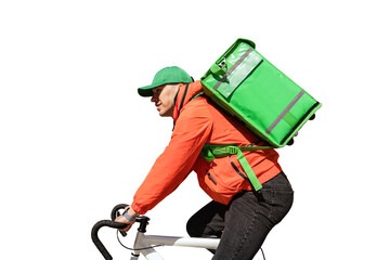 A courier in a cap, a cyclist in a uniform, food delivery in a thermos bag to a client,...