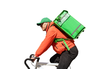 A courier in a cap, a cyclist in a uniform, food delivery in a thermos bag to a client, ecotransport. Transparent background, png.