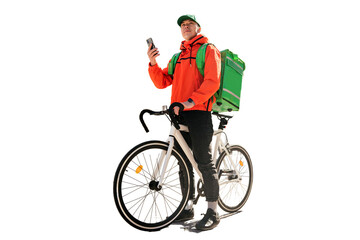 Uses an application, a courier in a cap, a cyclist in a uniform, food delivery in a thermos bag to a client, ecotransport. Transparent background, png. - obrazy, fototapety, plakaty