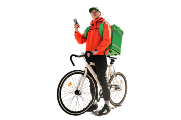 Uses an application, a courier in a cap, a cyclist in a uniform, food delivery in a thermos bag to a client, ecotransport. Transparent background, png.