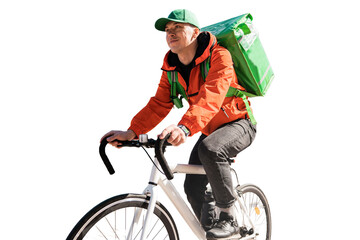 Courier cyclist in uniform food delivery in a thermos bag to the client, eco-transport. Transparent...