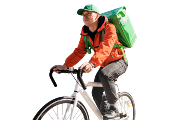 Courier cyclist in uniform food delivery in a thermos bag to the client, eco-transport. Transparent background, png.