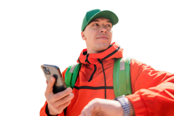 The courier guy uses the application food delivery to order, ecotransport, thermos bag. Transparent background, png.