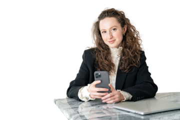 A woman with glasses in a jacket and shirt is using the phone, a student manager in the office is happy, transparent background, png.