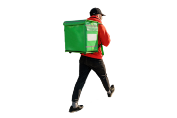 A male courier is delivering food to order, eco-transport, a thermos bag. Transparent background, png.