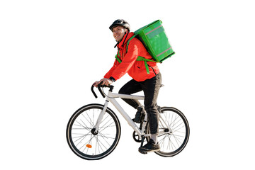 Courier by bike food delivery to order, eco-transport, thermo bag. Transparent background, png.