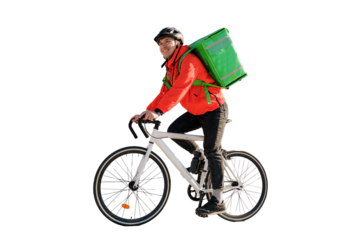 Courier by bike food delivery to order, eco-transport, thermo bag. Transparent background, png.