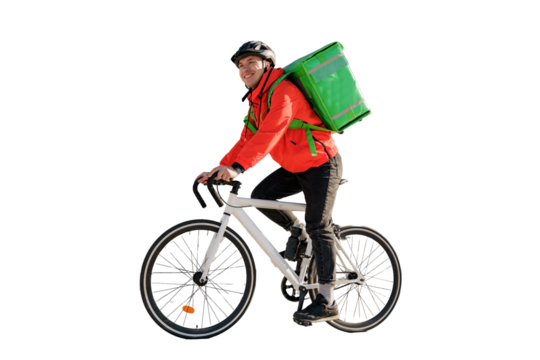 Courier by bike food delivery to order, eco-transport, thermo bag. Transparent background, png.