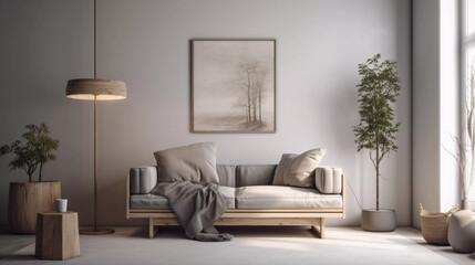 Modern Living Room Frame Poster MOCK UP boho Design Interior white creme natural