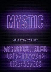 Vector Mystic night light sign and narrow purple neon hollow font with numbers on dark brick wall background