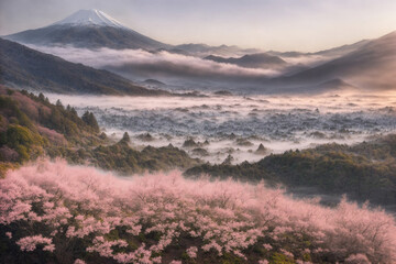 Fototapeta premium Sakura blossoms in japanese style ornamental garden, beautiful landscape. Generative AI.