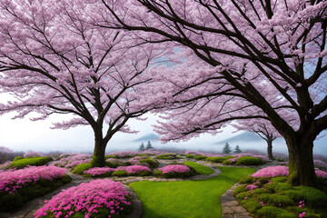 Sakura blossoms in japanese style ornamental garden, beautiful landscape. Generative AI.