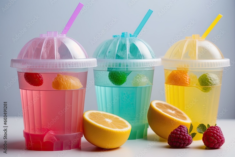 Poster three plastic cups filled with lemon and raspberry drinks with straws. generative ai