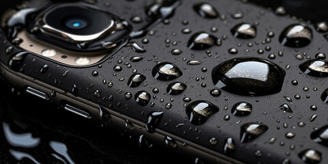 Smartphone in waterdrops, waterproof phone, wet phone. Drops on a smartphone

