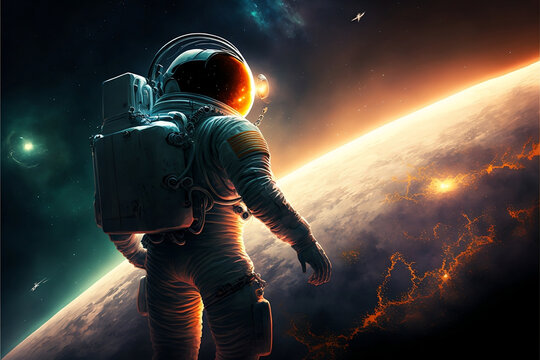An astronaut in space with planet in the background. Generative Ai