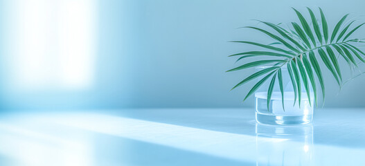 Minimal abstract blue background for product presentation with shadow. palm leaves and reflection of light from a window on a wall in a blue pastel room.
