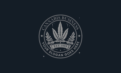 Cannabis leaf vintage rounded logo with text Cannabis Business, cannabis leaf logo vintage style hand drawn logo,