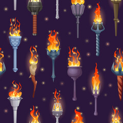 Torch light pattern. Ancient glowing illumination burning flame torches exact vector seamless background