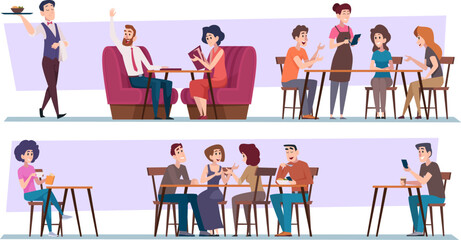 Friends meeting. Couples male and female seating in restaurant dinner relax time exact vector illustrations