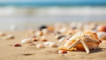 Fototapeta na wymiar The summer holiday background features a tropical beach and defocused ocean. (Generative AI)