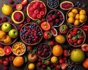 Top view of aesthetically arranged fruit of different varieties. (Generative AI)