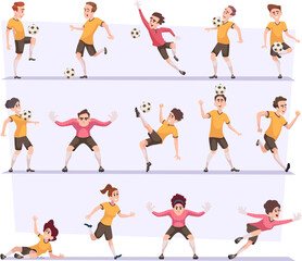 Fototapeta premium Soccer players. Football male and female characters in action poses with ball exact vector illustrations