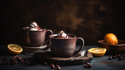 Obraz na płótnie Canvas Hot Chocolate Cocoa Drink with Cream Foam in Mug with Cinnamon stick on Granite Black table. Beverage in Cup. Copy space Dark background. generative ai