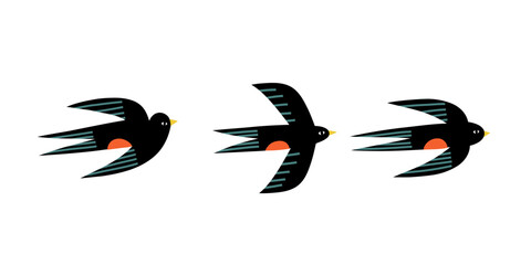 set of swallows in trendy flat style. simple forms vector illustration.