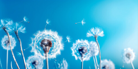 Spring summer green fresh panorama border with dandelion field close-up macro. AI Generated