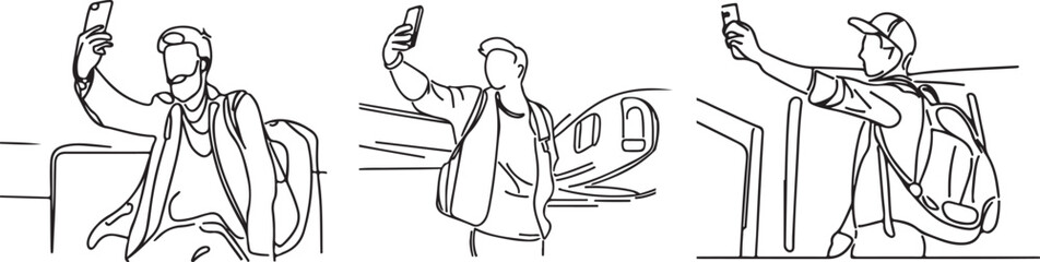 Traveling Man taking selfie line art vector 