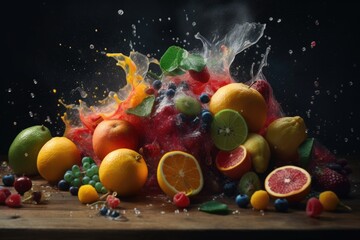Fruit splash on black background, ai generative
