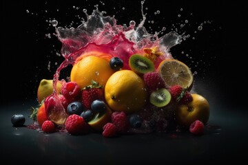 Fototapeta na wymiar Fruit splash on black background, ai generative 