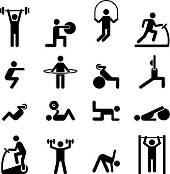 Sport people icons. Gym lifting warm-up stretch symbols, fitness poses pictograms, sports exercises athlete vector silhouettes