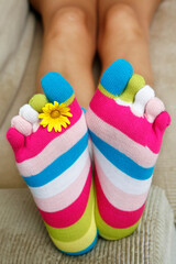 Bright socks and a daisy on the sofa