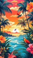 Fototapeta na wymiar Exotic flowers, and colorful birds against a backdrop of a picturesque beach or sunset. parrot tropical backdrop and parrot themed greeting card. Generative AI