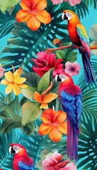 Exotic flowers, and colorful birds against a backdrop of a picturesque beach or sunset. parrot tropical backdrop and parrot themed greeting card. Generative AI