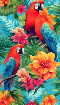 Exotic flowers, and colorful birds against a backdrop of a picturesque beach or sunset. parrot tropical backdrop and parrot themed greeting card. Generative AI