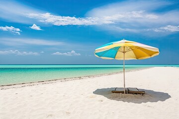 Obraz na płótnie Canvas an idyllic beach scene with an umbrella and chair. Generative AI