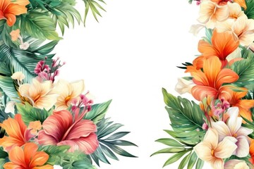 Tropical wallpaper frame illustration.  Use for Happy birthday invitation card, T-shirt print, baby shower. Generative AI