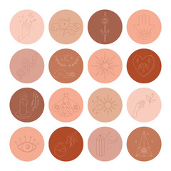 Esoteric elements collection. Magic icons minimalistic symbols, planets, hands and crystals, eyes boho colors