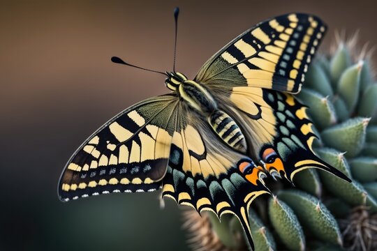 colorful butterfly perched on a leafy green plant. Generative AI