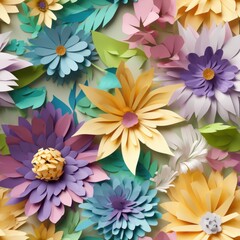 Digital illustration of a seamless tile pattern, colorful paper flowers, joyful palette, square orientation, generative AI
