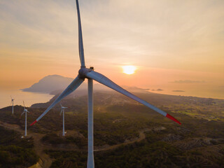 Wind Turbine Close Sunset Aerial Shot, Sustainable Alternative Energy