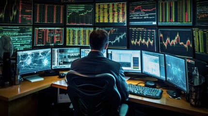 broker doing tradingn on desktop with screens, generative ai