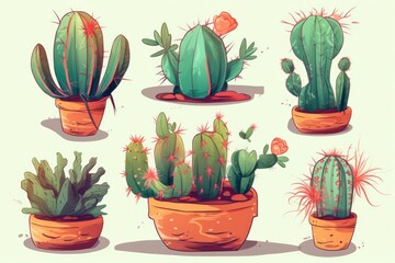 Cute cartoon watercolor cactus Generative AI